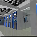 Modern Exhibition Hall Interior With Blue Lighting Multiple Display Screens And Glass Doors