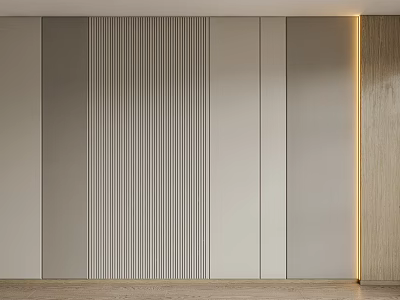 Modern Bedroom Accent Wall Design With Gray Beige Panels Wooden Inserts And Vertical Stripes 3d model