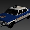 Classic Blue White Police Car With Roof Equipment And Law Enforcement Features