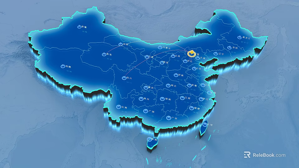 Blue Glowing China Map With Detailed Illuminated City Markers And Borders 3d model 