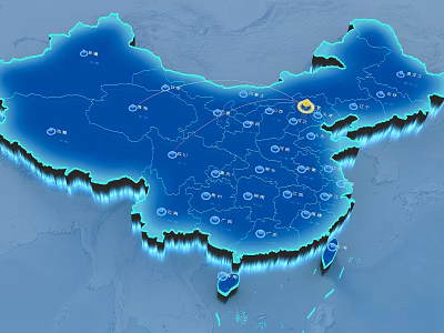 Blue Glowing China Map With Detailed Illuminated City Markers And Borders 3d model