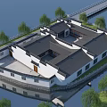 Ancient Chinese Architecture Courtyard Featuring Tiled Roofs And Surrounding Water Greenery