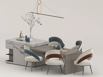 Modern Minimalist Dining Table with Upholstered Chairs Pendant Light and Side Cabinet Decor 3d model