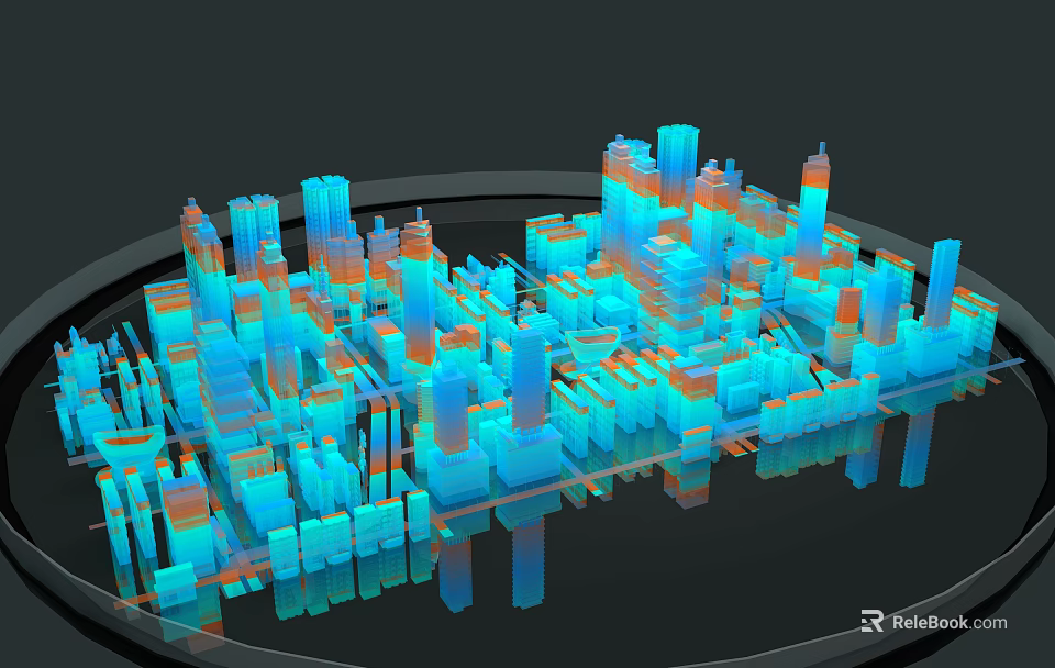 3D City Model Featuring Tall Buildings Blue Orange Colors And Reflection 3d model 