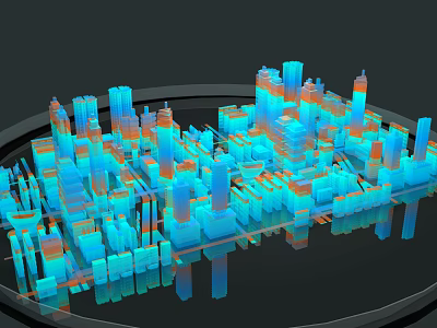 3D City Model Featuring Tall Buildings Blue Orange Colors And Reflection 3d model