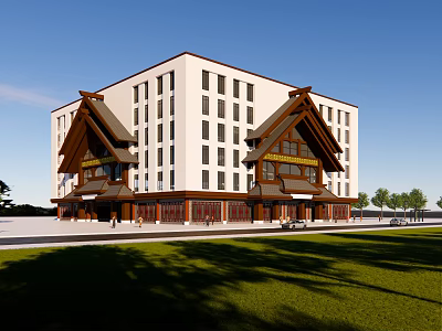 Modern Multi Story Building With Traditional Roof Elements White Facade Wooden Base And Lawn 3d model