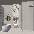 Modern Bathroom Interior Featuring Freestanding Bathtub Round Mirror Marble Wall And Shower Area