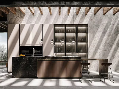 Modern Kitchen Interior Design With Marble Island Counter Hanging Lights And Wooden Beams 3d model