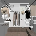Modern Walk in Closet Interior With Hanging Clothes Hats Shelves And Wooden Bench