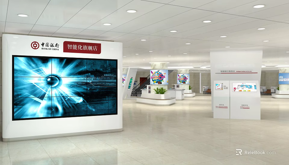 Modern Bank Lobby With Smart Teller Service And Digital Display Screens 3d model 