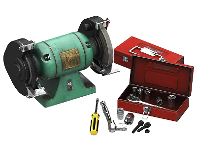 Professional Industrial Equipment Featuring Green Bench Grinder Red Toolbox and Multiple Tools 3d model