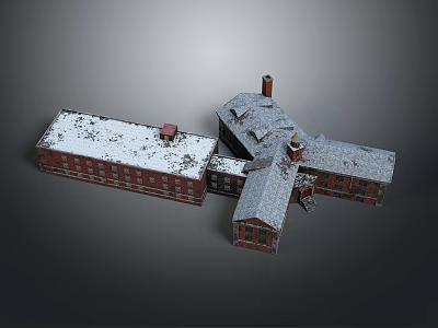 Red Brick Industrial Building With Snow Covered Roof Multiple Chimneys And Connected Structures 3d model