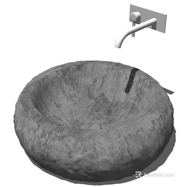 Circular Stone Washbasin Featuring Rough Textured Surface And Modern Wall Mounted Faucet 3d model 