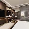 Modern Hotel Guest Room Interior With Wooden Wall Paneling TV Shelves Wardrobe And Wine Cabinet