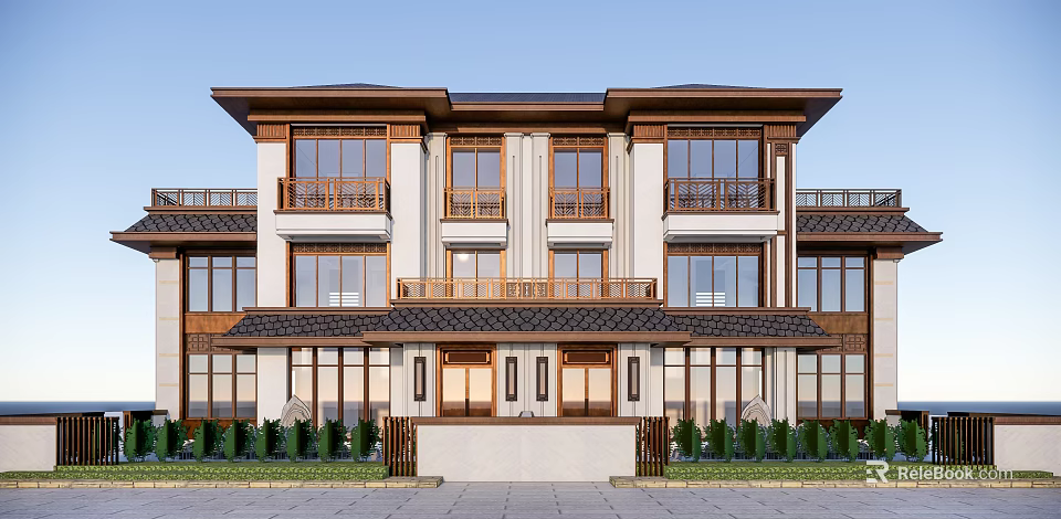 Modern Semi Detached Villa Exterior Design With Large Windows Balconies And Roof Features 3d model 