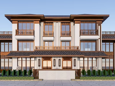Modern Semi Detached Villa Exterior Design With Large Windows Balconies And Roof Features 3d model