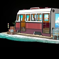 Colorful Beachside Dining Car With White Picket Fence Suitcase Plant And Waves