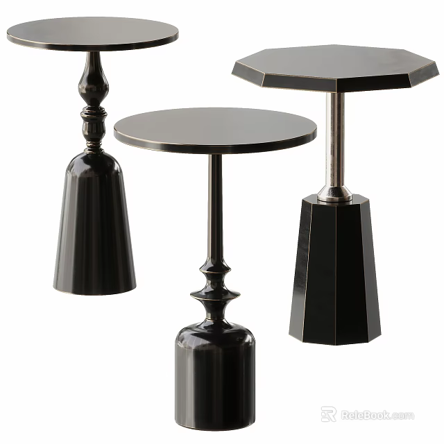 Modern Black Side Tables With Various Bases And Round Octagonal Tops 3d model 