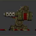 Green Mechanical Turret With Red Star Emblem Dual Barrels Surrounded By Scattered Bullets