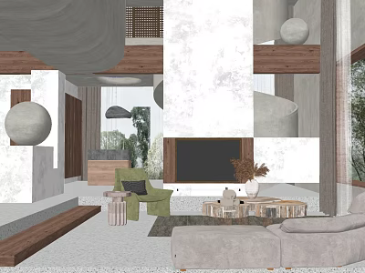 Duplex Living Room Interior With Modern Green Armchair Gray Sofa Wooden Elements And Stone Walls 3d model