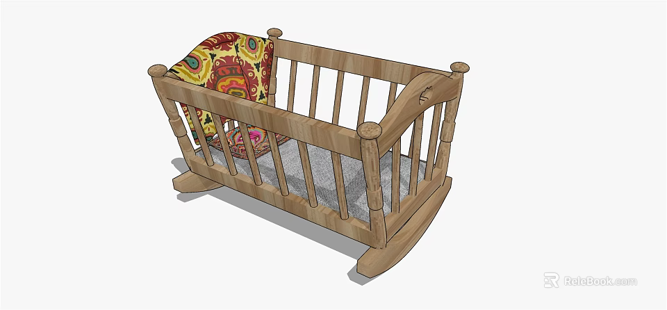 Wooden Rocking Baby Crib with Colorful Blanket and Gray Mattress 3d model 