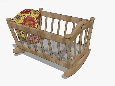 Wooden Rocking Baby Crib with Colorful Blanket and Gray Mattress 3d model