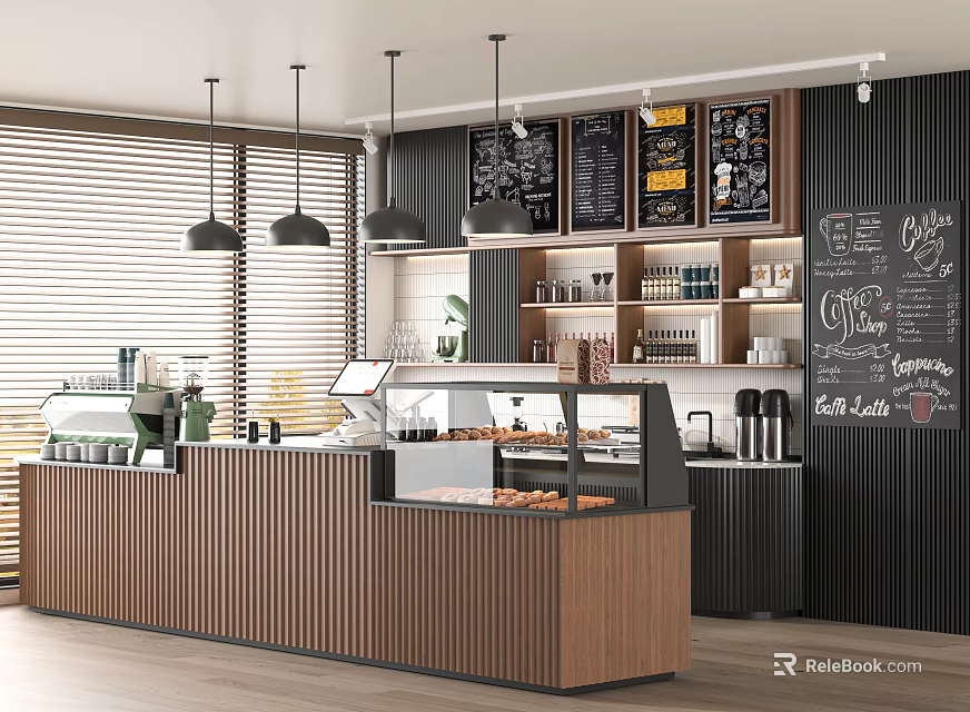 Modern Café Interior Featuring Wooden Counter Coffee Machine Pastry Display Chalkboard Menus And Hanging Lights 3d model 