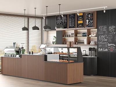 Modern Café Interior Featuring Wooden Counter Coffee Machine Pastry Display Chalkboard Menus And Hanging Lights 3d model