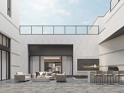 Modern Courtyard Garden With Outdoor Furniture Stone Paved Floor Glass Doors White Buildings And Railings 3d model