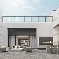Modern Courtyard Garden With Outdoor Furniture Stone Paved Floor Glass Doors White Buildings And Railings