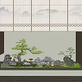 Traditional Zen Indoor Landscape With Shoji Screen Bonsai Pines Rocks Stone Lantern And Moss
