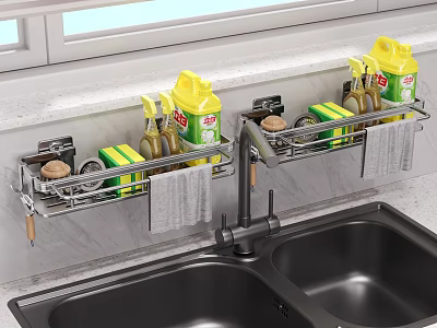 Practical Wall Mounted Kitchen Shelves Above Sink With Dish Soap Sponge And Dishcloth 3d model
