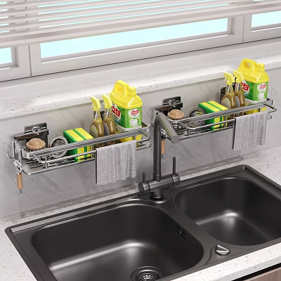Practical Wall Mounted Kitchen Shelves Above Sink With Dish Soap Sponge And Dishcloth 3d model