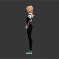 Game and Movie Character With Blonde Hair Black White Bodysuit Pink Gloves Blue White Sneakers