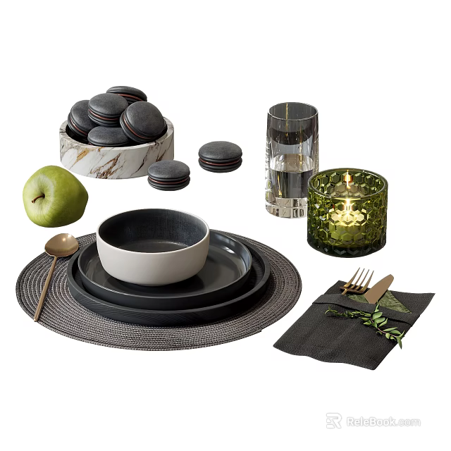Black Dinnerware Combination With Plates Bowl Woven Placemat Gold Cutlery And Green Accents 3d model 