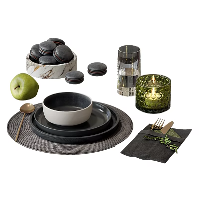 Black Dinnerware Combination With Plates Bowl Woven Placemat Gold Cutlery And Green Accents 3d model