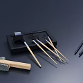 Traditional Brush Pens Ink Stone and Colored Pens with Wooden Handle Brush on Black Tray