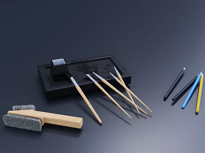 Traditional Brush Pens Ink Stone and Colored Pens with Wooden Handle Brush on Black Tray 3d model