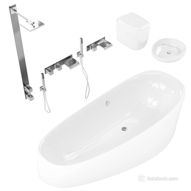 Modern Bathroom Suite With Oval Bathtub Toilet Sink Faucets And Wall Shelves 3d model 