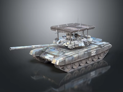 Armored Military Tank With Long Cannon Heavy Duty Tracks And Top Grill Structure 3d model