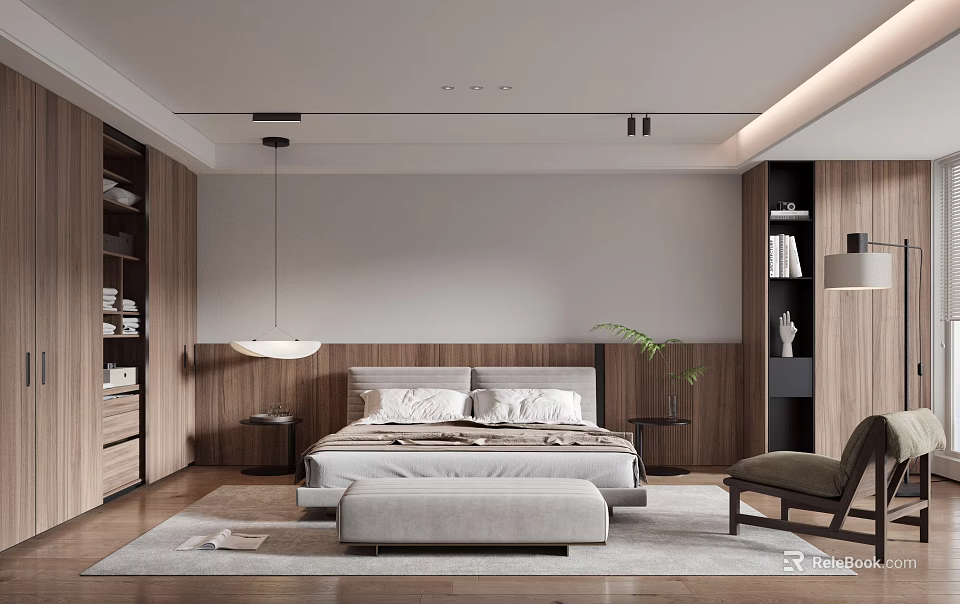 Modern Bedroom Interior Design With Large Bed Wooden Nightstands Pendant Light And Accent Chair 3d model 