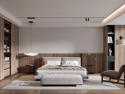 Modern Bedroom Interior Design With Large Bed Wooden Nightstands Pendant Light And Accent Chair 3d model