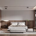 Modern Bedroom Interior Design With Large Bed Wooden Nightstands Pendant Light And Accent Chair