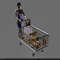 Woman In Purple Dress Pushing Shopping Cart Filled With Groceries And Holding Handbag