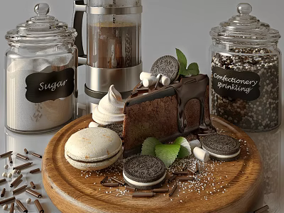 Chocolate Cake Slice With Whipped Cream Mint Leaves Macaron And Oreo Cookies On Wooden Tray 3d model