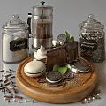 Chocolate Cake Slice With Whipped Cream Mint Leaves Macaron And Oreo Cookies On Wooden Tray