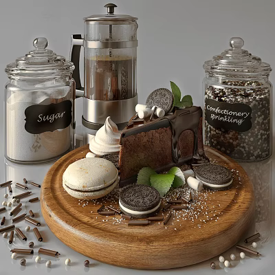 Chocolate Cake Slice With Whipped Cream Mint Leaves Macaron And Oreo Cookies On Wooden Tray 3d model