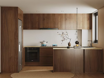 Modern Kitchen Interior With Wooden Cabinets Island Counter Oven Hanging Lights And Window 3d model