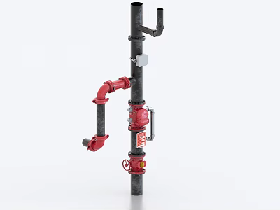 Industrial Pipeline System With Red Valves Black Pipes And Components 3d model