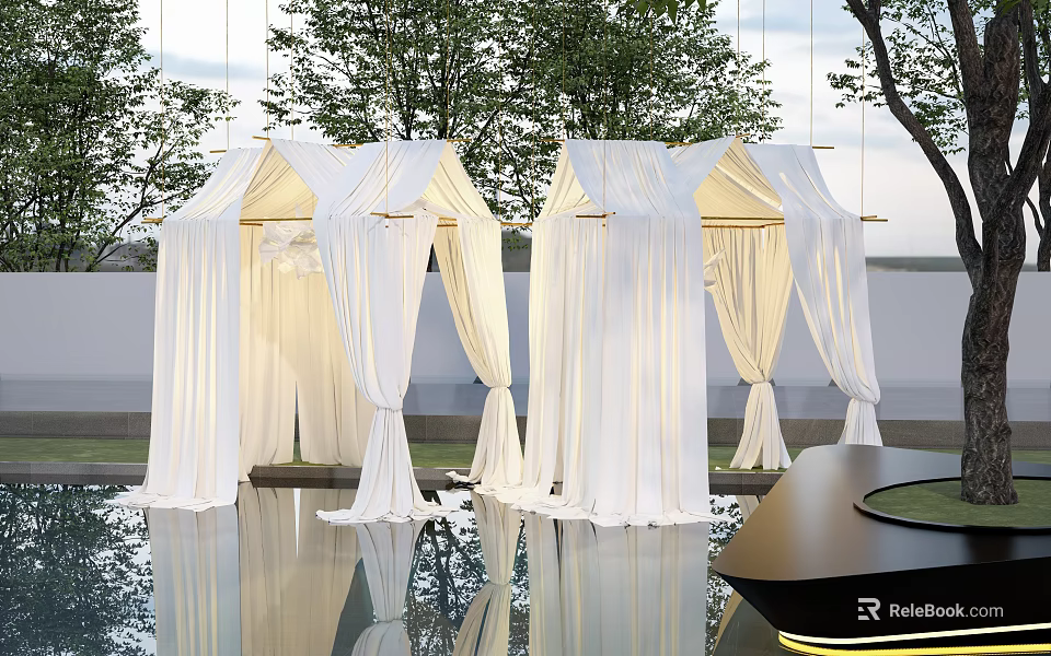 Elegant White Ceiling Drapes In Outdoor Area With Water Reflection 3d model 